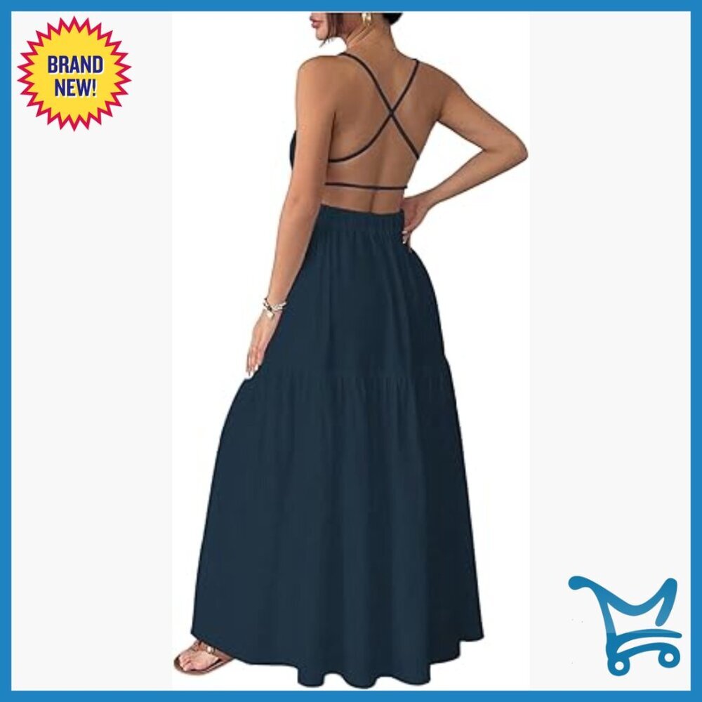 Maxi Dress Criss Cross Backless Spaghetti Strap Ruffle Flowy Sundress